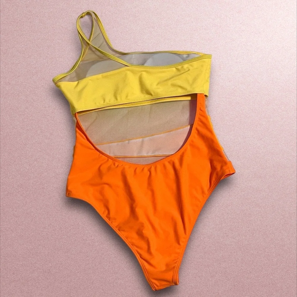 Colorblock One Shoulder Mesh‎ Cutout One Piece Swimsuit Yellow Orange High Leg L